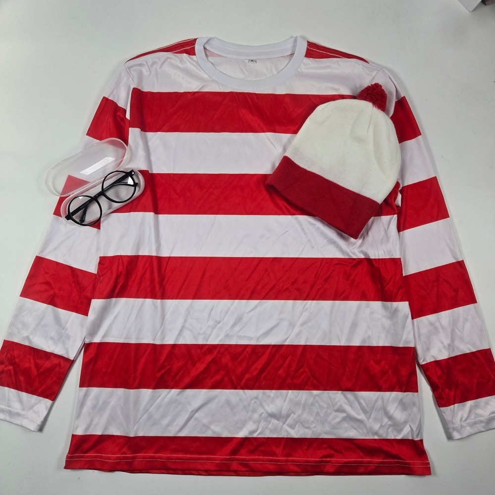 Where's Waldo Halloween Costume Set Men XL Striped Shirt Beanie Glasses Cosplay